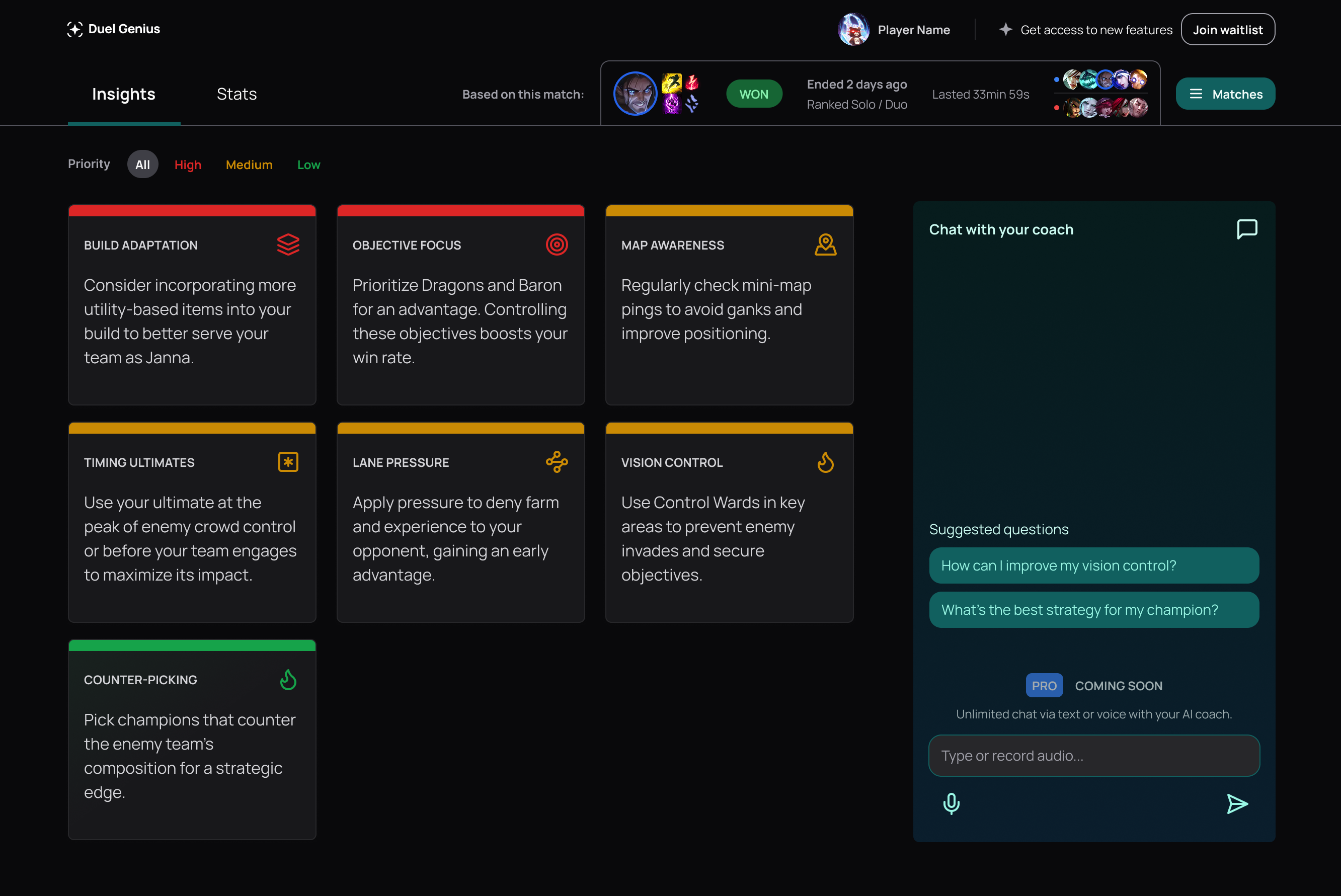 AI insights dashboard showing personalized coaching cards